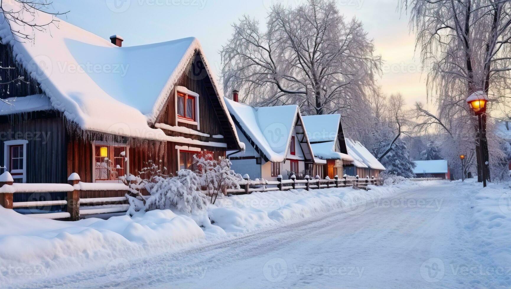 Houses in a small village in the winter. Winter landscape. AI Generated. photo