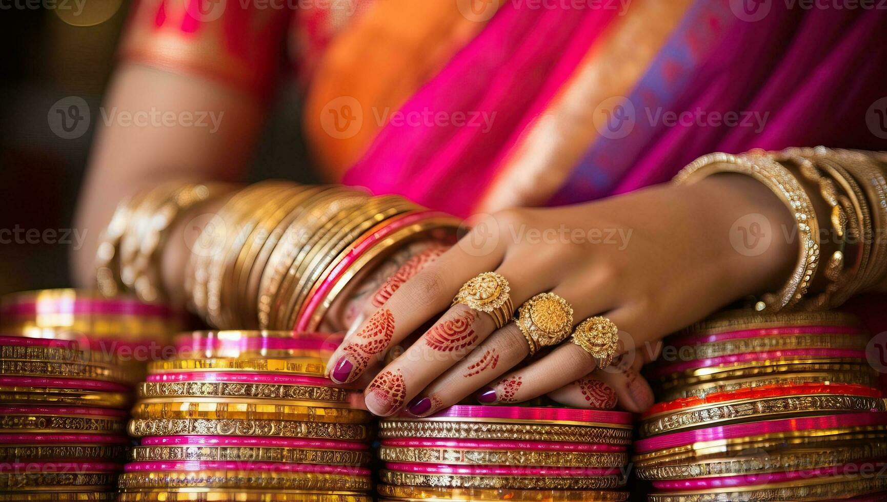 Close-up of indian brides hands with bracelets and rings. AI Generated. photo