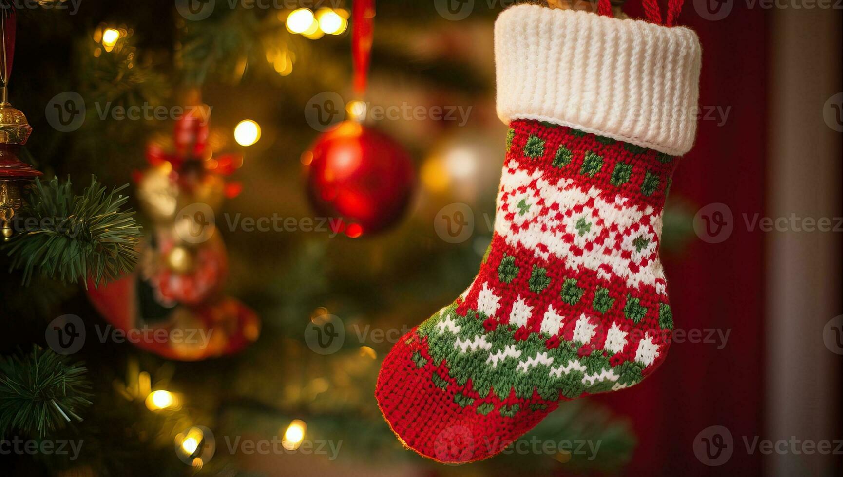 Christmas stocking hanging on christmas tree with bokeh lights background. AI Generated. photo