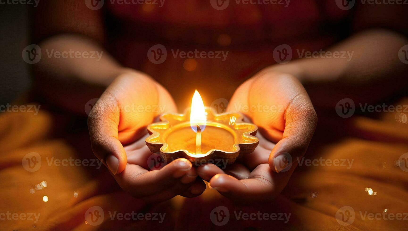 Close up of hand holding Diwali diya or oil lamp over blurred background. AI Generated. photo