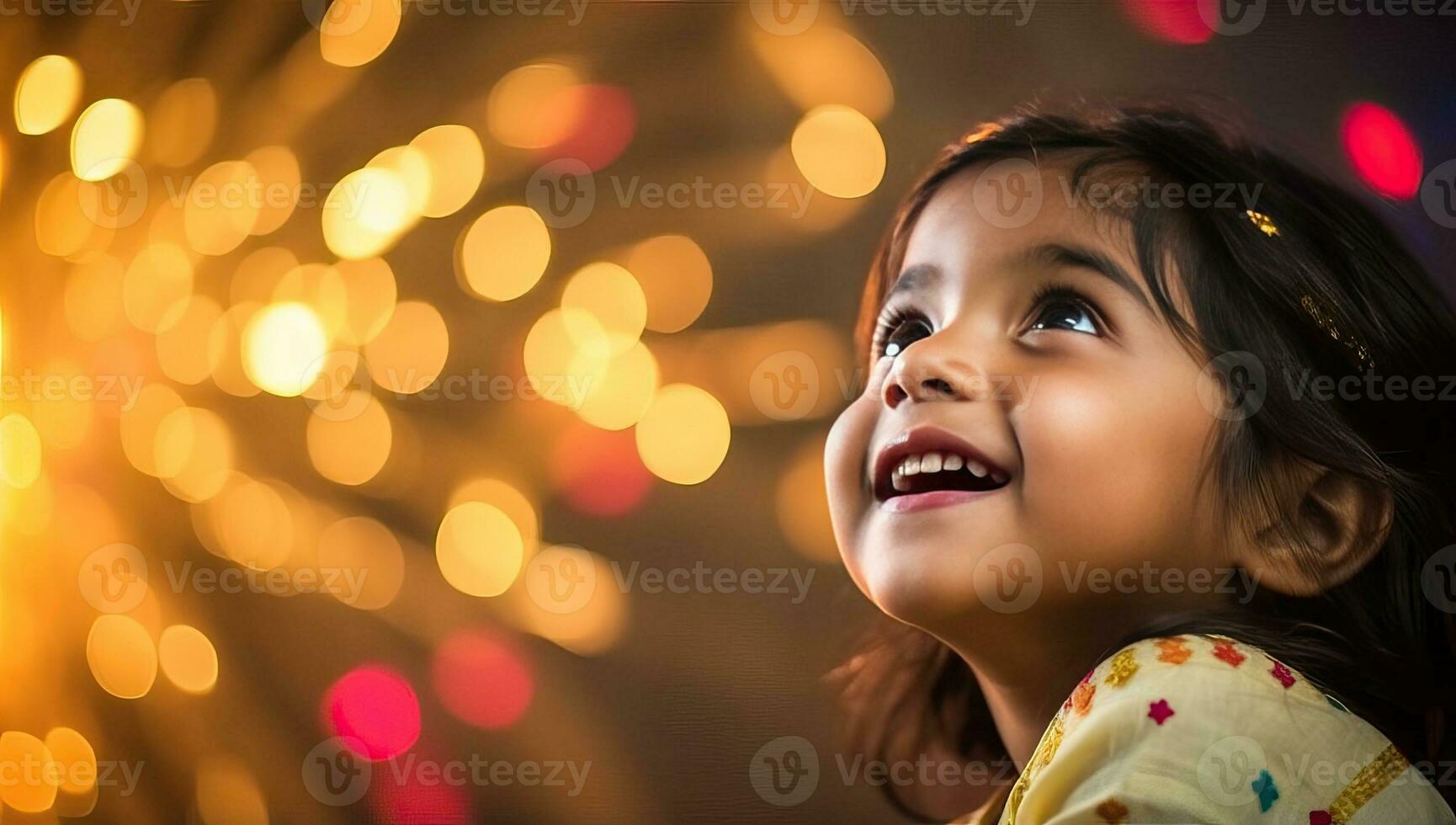 Portrait of a cute little girl with christmas lights in the background. AI Generated. photo