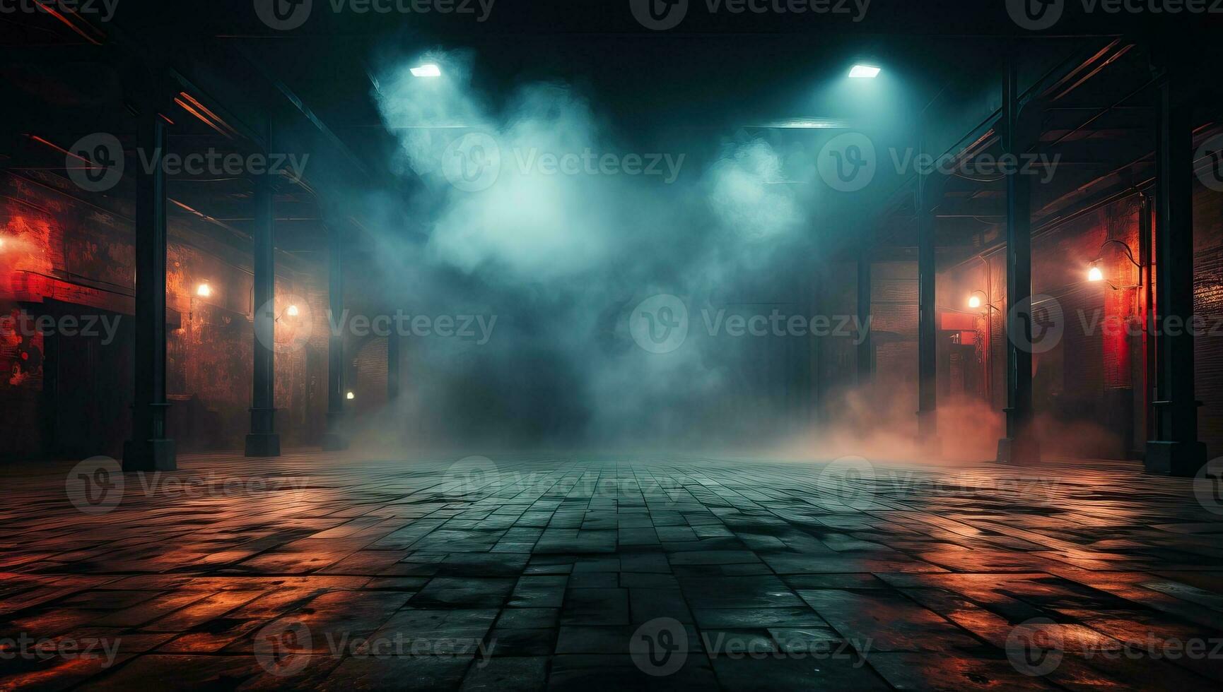 Foggy night scene in a dark corridor. AI Generated. photo