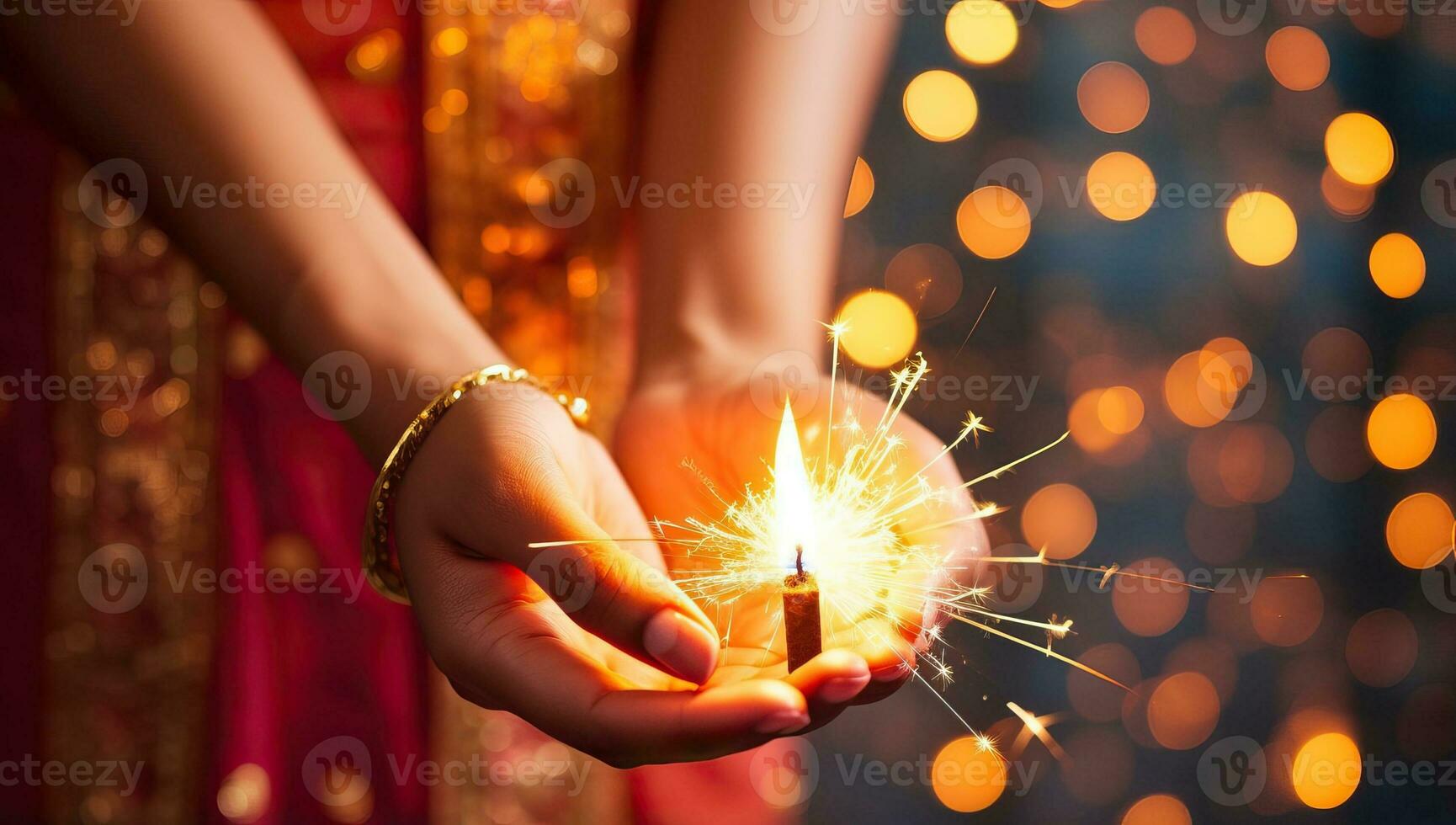 Close up of Indian woman hands holding sparkler with bokeh background. AI Generated. photo