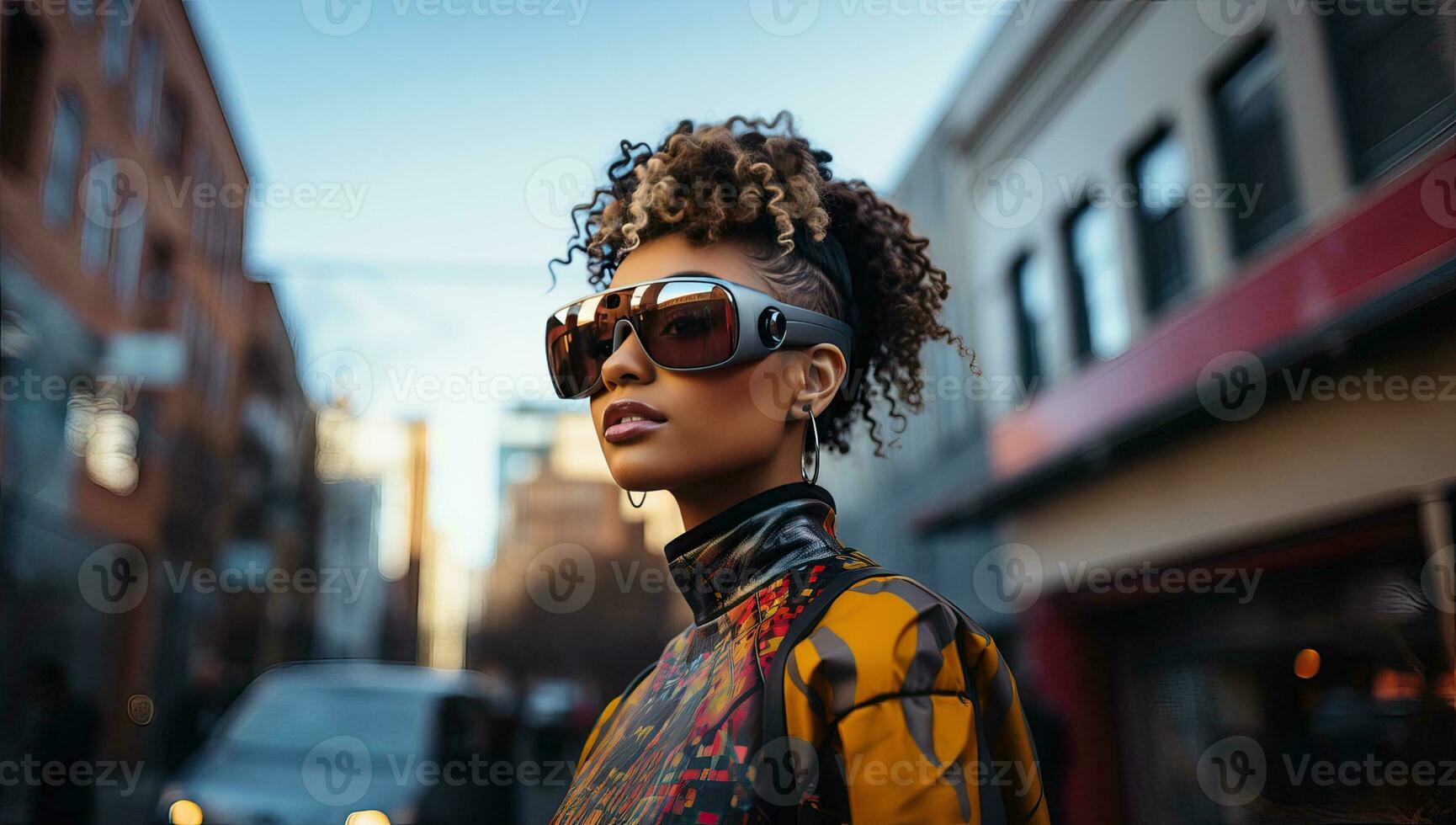 Fashionable african american woman with afro hairstyle in sunglasses posing in the city. AI Generated. photo