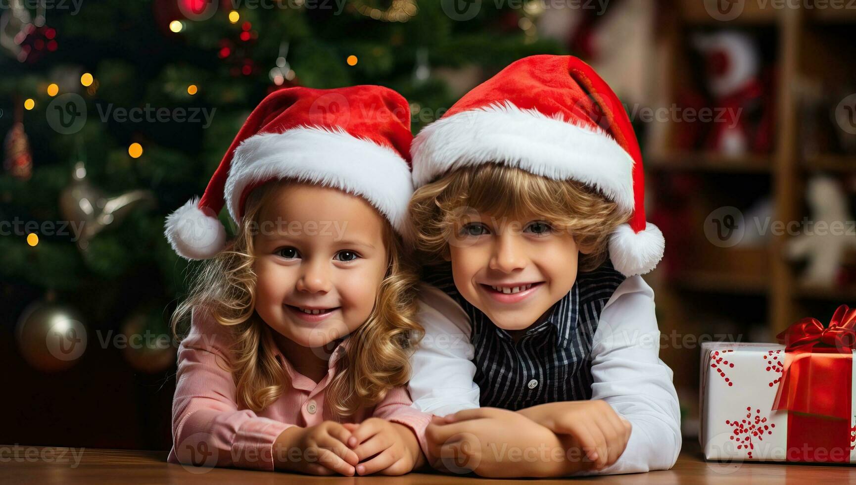Cute little children in Santa Claus hats looking at camera and smiling while sitting at table near Christmas tree. AI Generated. photo