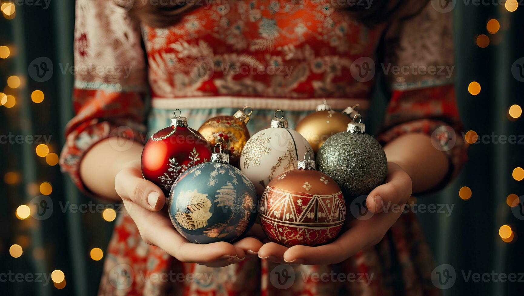 Little girl holding Christmas balls on bokeh background. AI Generated. photo