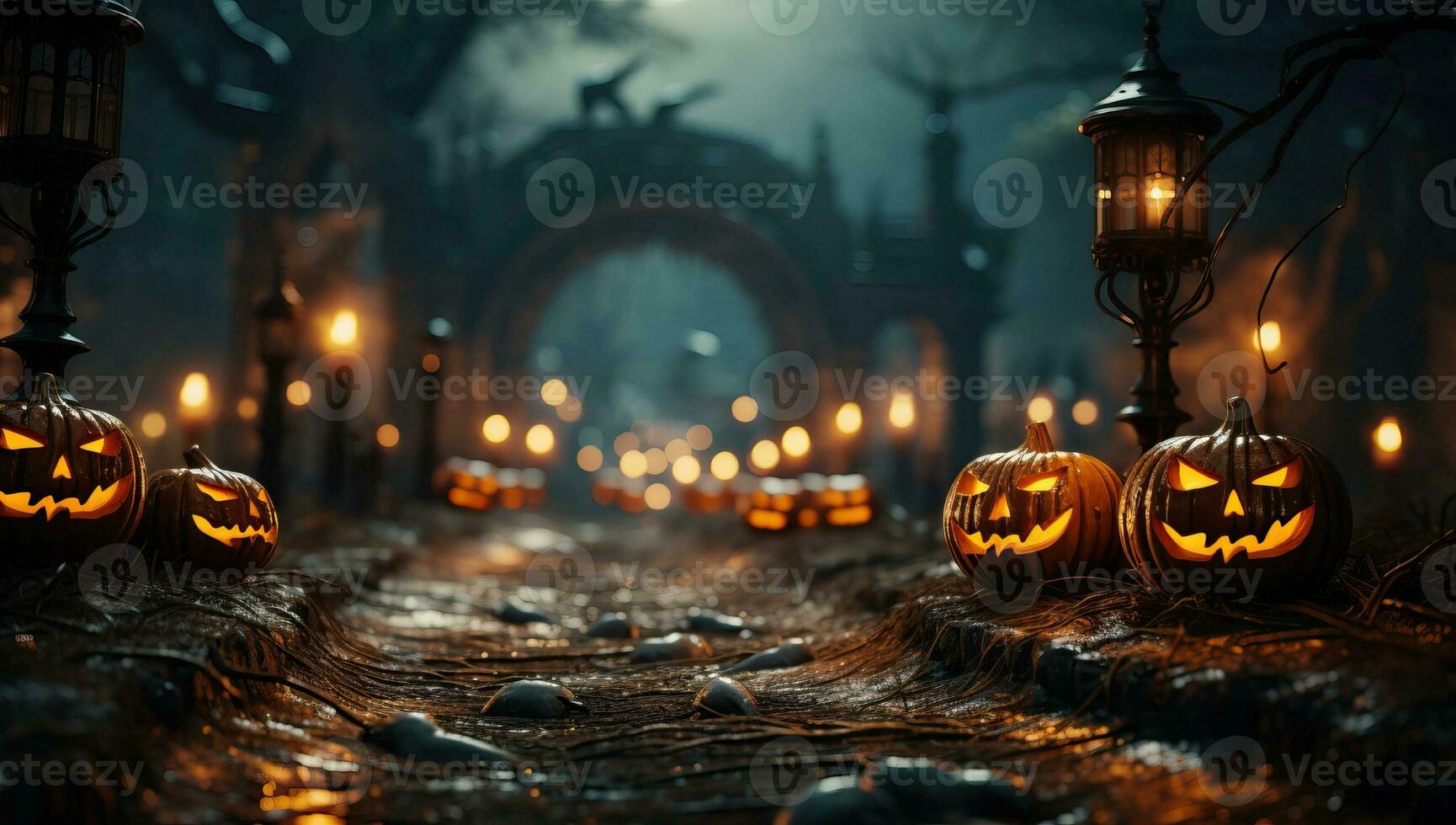 Halloween background with pumpkins and candles. AI Generated. photo