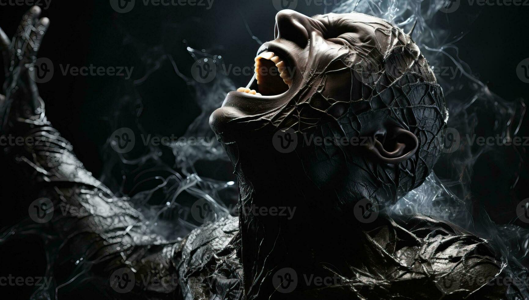 de cerca retrato de un de miedo hombre en el fumar. Víspera de Todos los Santos tema. ai generado. foto