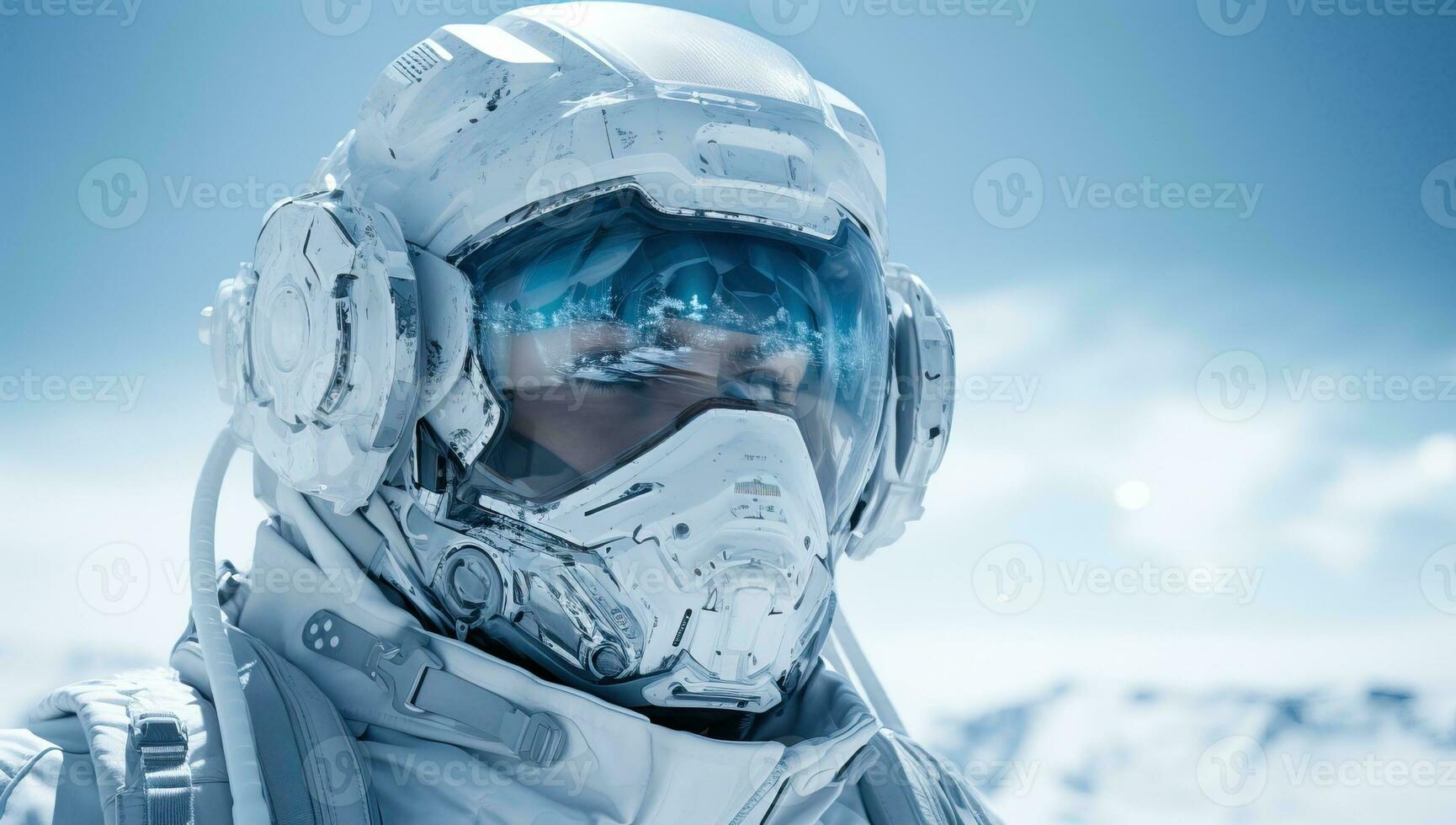 Astronaut in space suit and helmet against blue sky over snowy mountains. AI Generated. photo