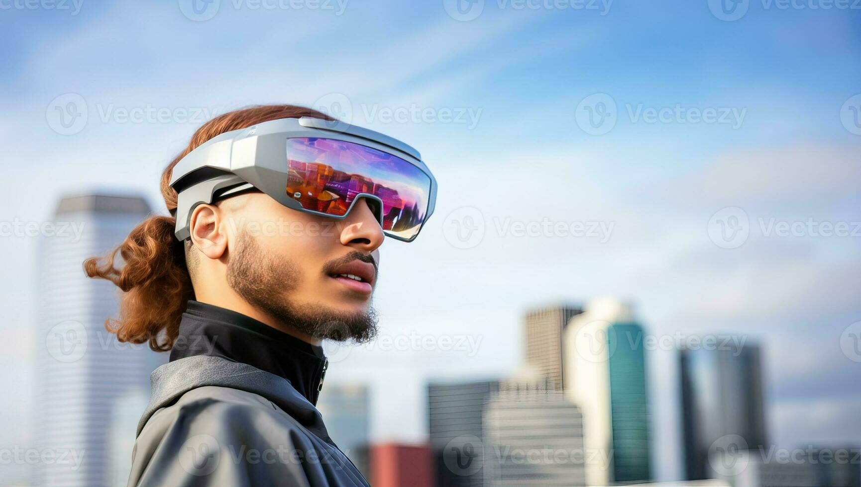 joven hombre con virtual realidad auriculares o 3d lentes terminado paisaje urbano antecedentes. ai generado. foto