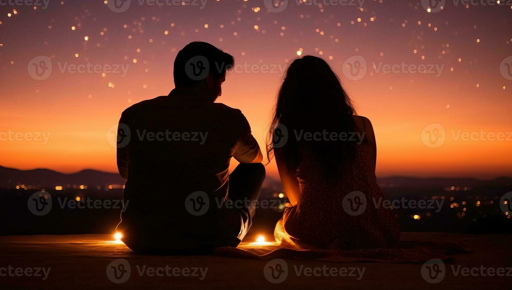 Silhouette of a loving couple sitting at the table in front of a burning bonfire. AI Generated. photo
