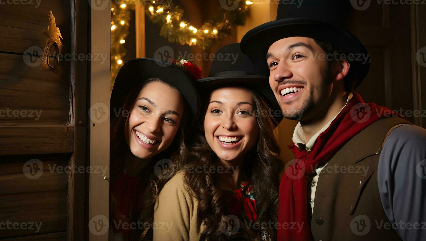 Group of young people in elegant clothes celebrating Christmas at home. AI Generated. photo