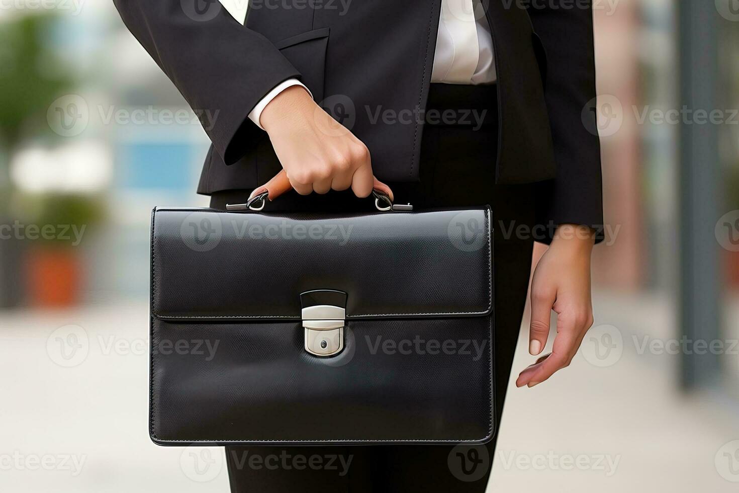 business woman holding a briefcase on the street, close-up. AI Generated. photo