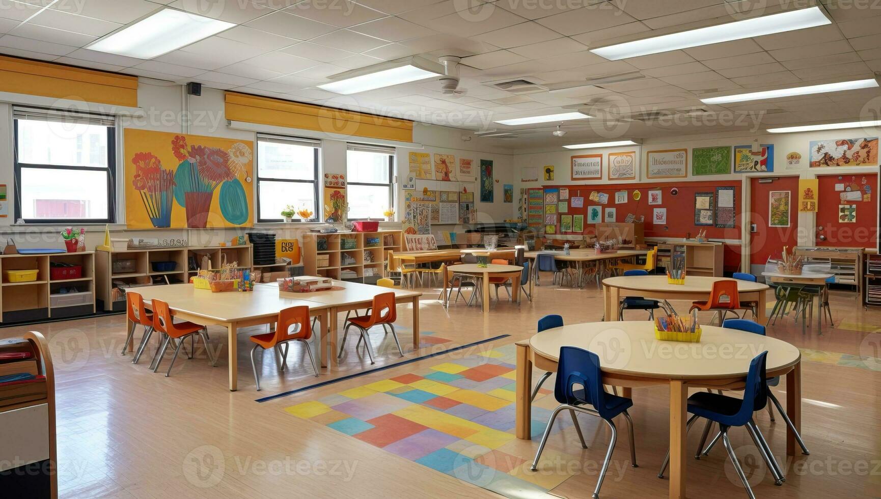 Interior of a school classroom with tables and chairs. AI Generated. photo