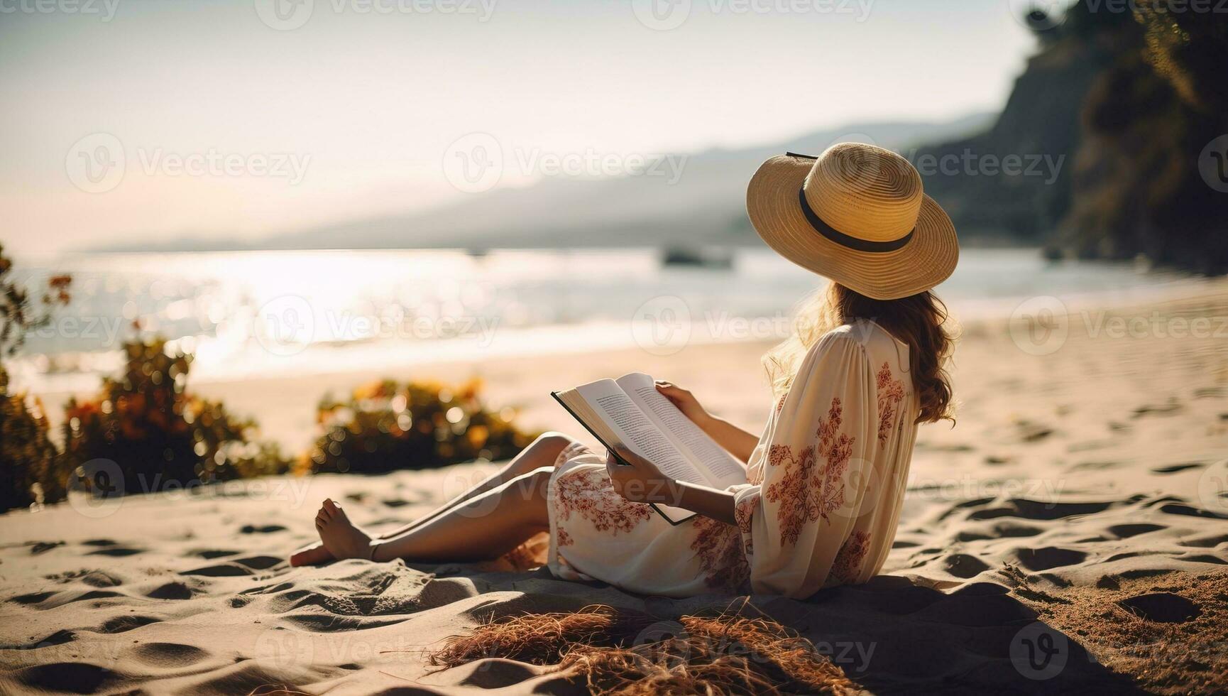 joven mujer en sombrero y vestir leyendo libro en playa a puesta de sol. ai generado. foto