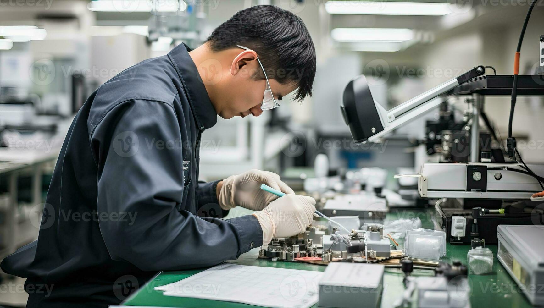 técnico trabajando en el laboratorio, comprobación el electrónico componentes ai generado. foto