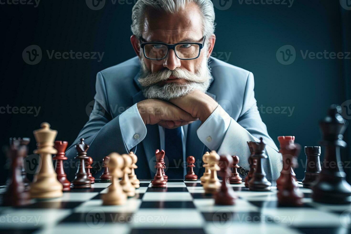 Portrait of senior businessman playing chess. Senior man in suit playing chess. AI Generated. photo