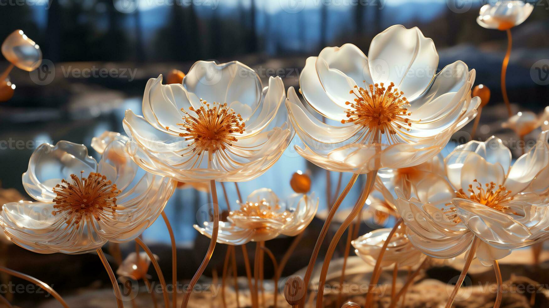 un florero con flores en un mesa en contra un naranja y azul pared ai generado foto