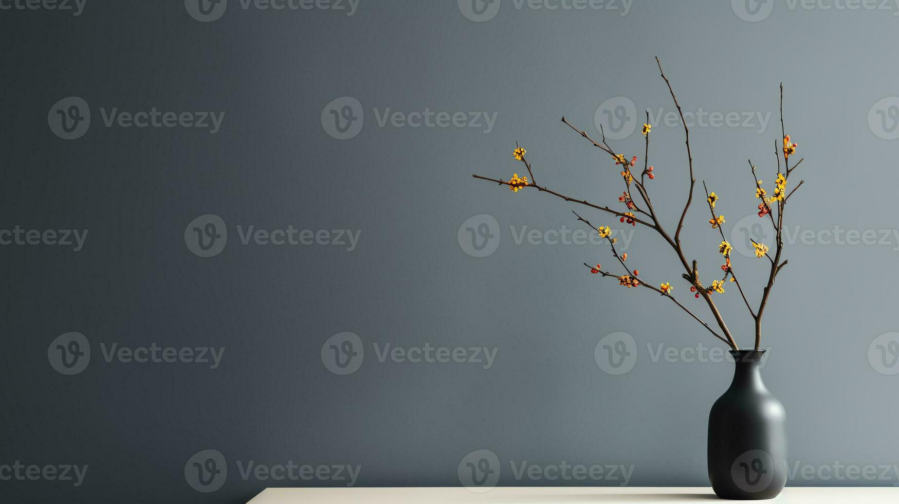 a vase with flowers on a table against an orange and blue wall ai generated photo