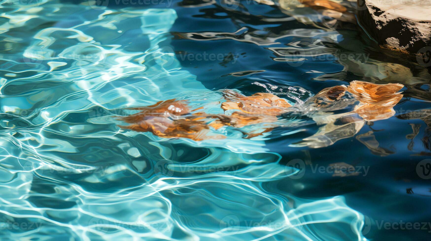 a rock in a pool with water and leaves AI Generative photo