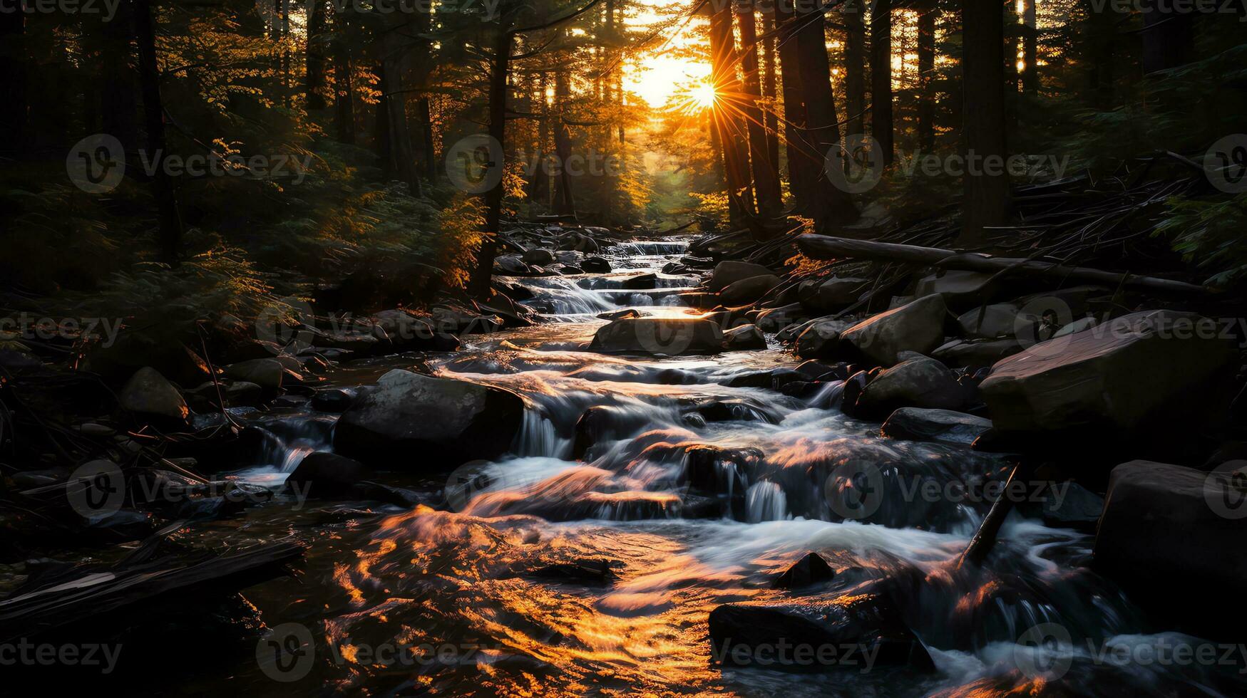 un río corriendo mediante un bosque con rocas y arboles ai generado foto