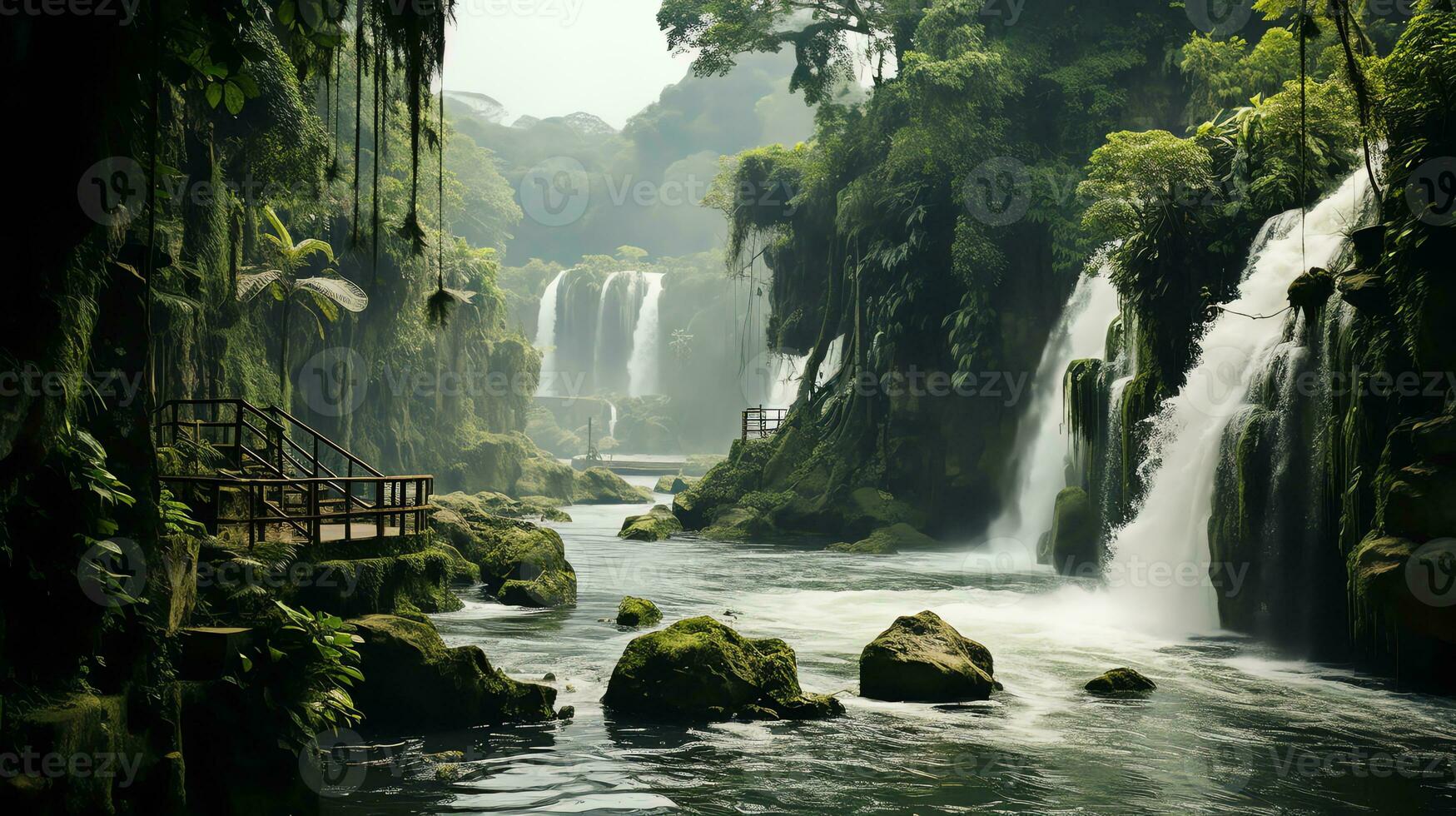 un río corriendo mediante un bosque con rocas y arboles ai generado foto