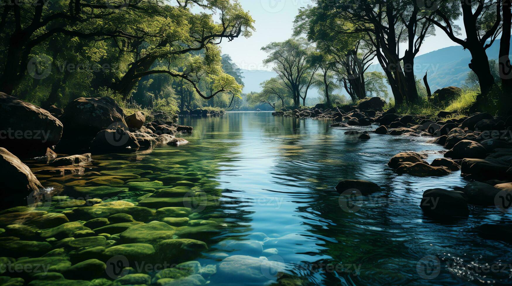 un río corriendo mediante un bosque con rocas y arboles ai generado foto