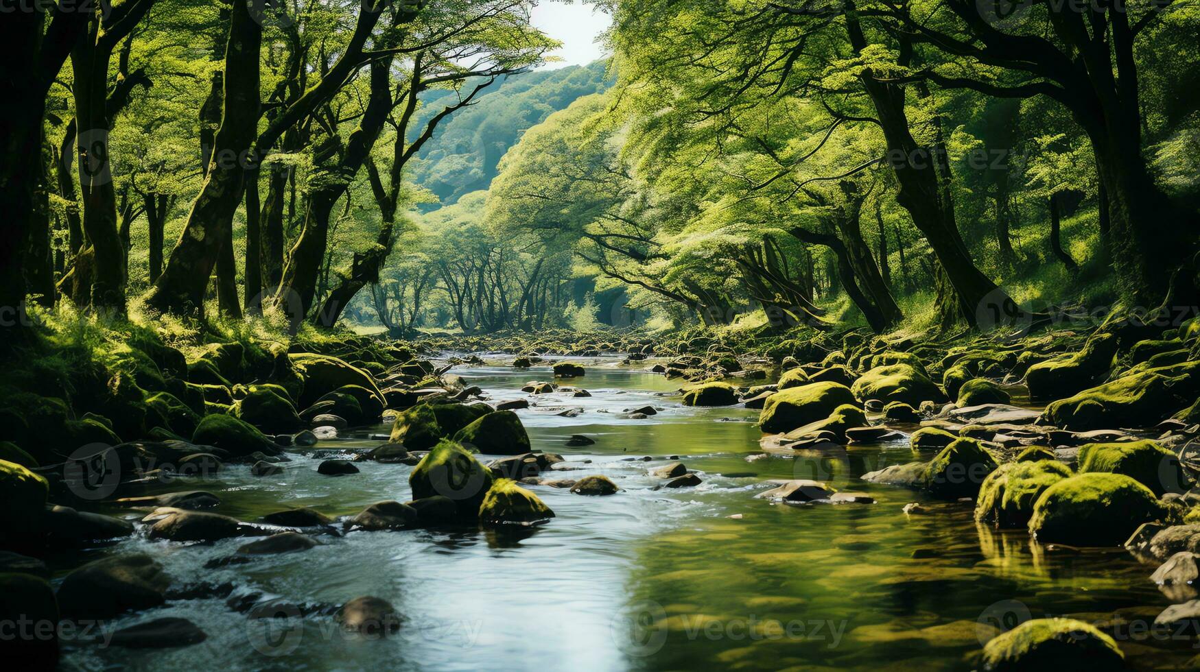 un río corriendo mediante un bosque con rocas y arboles ai generado foto