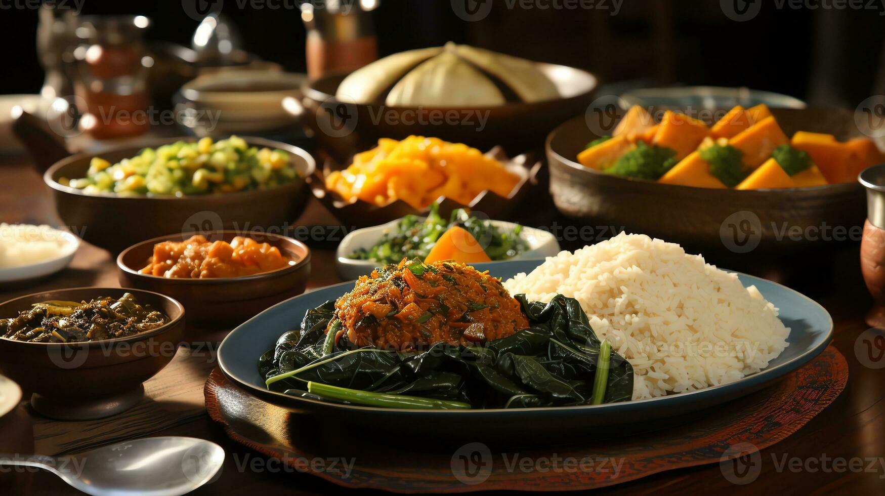 a table full of food and drinks AI Generative 30474425 Stock Photo at