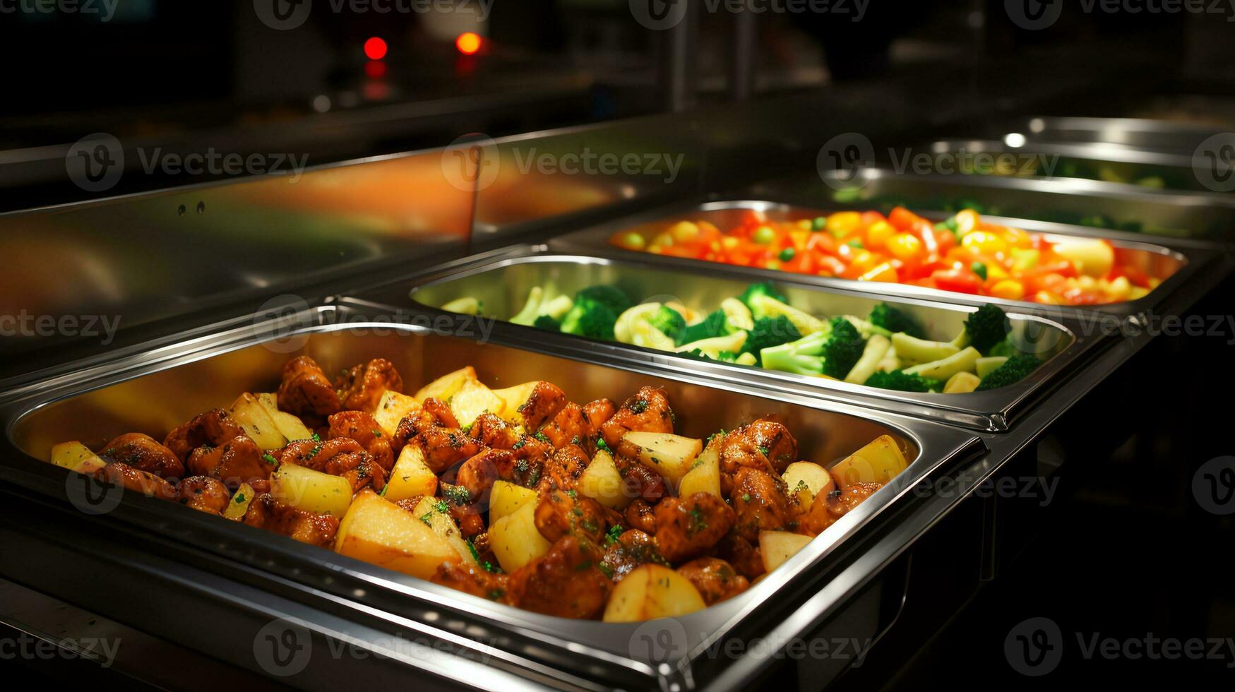 a buffet line with food in metal trays ai generated photo