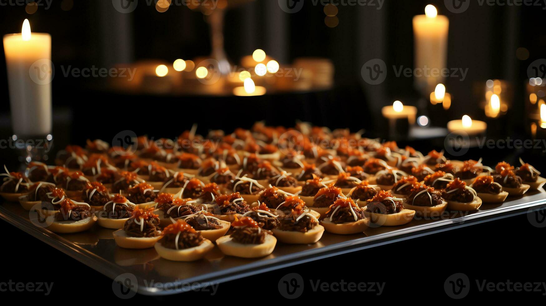 a buffet line with food in metal trays ai generated photo