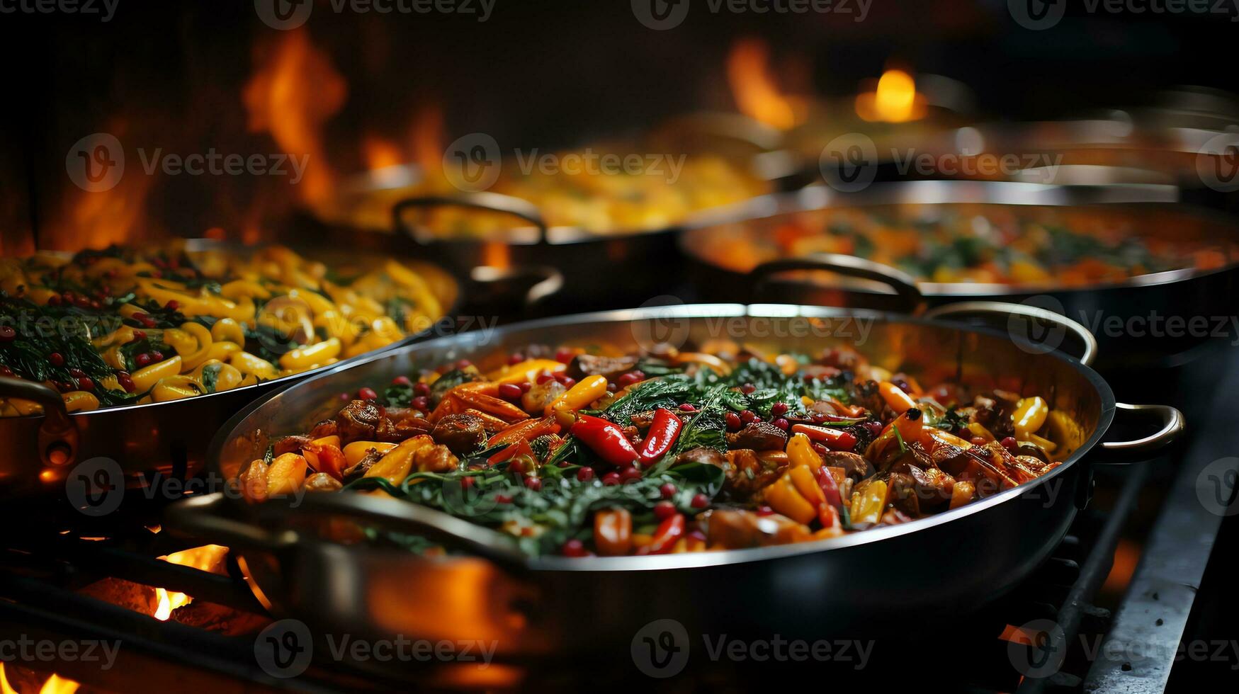 un buffet línea con comida en metal bandejas ai generado foto