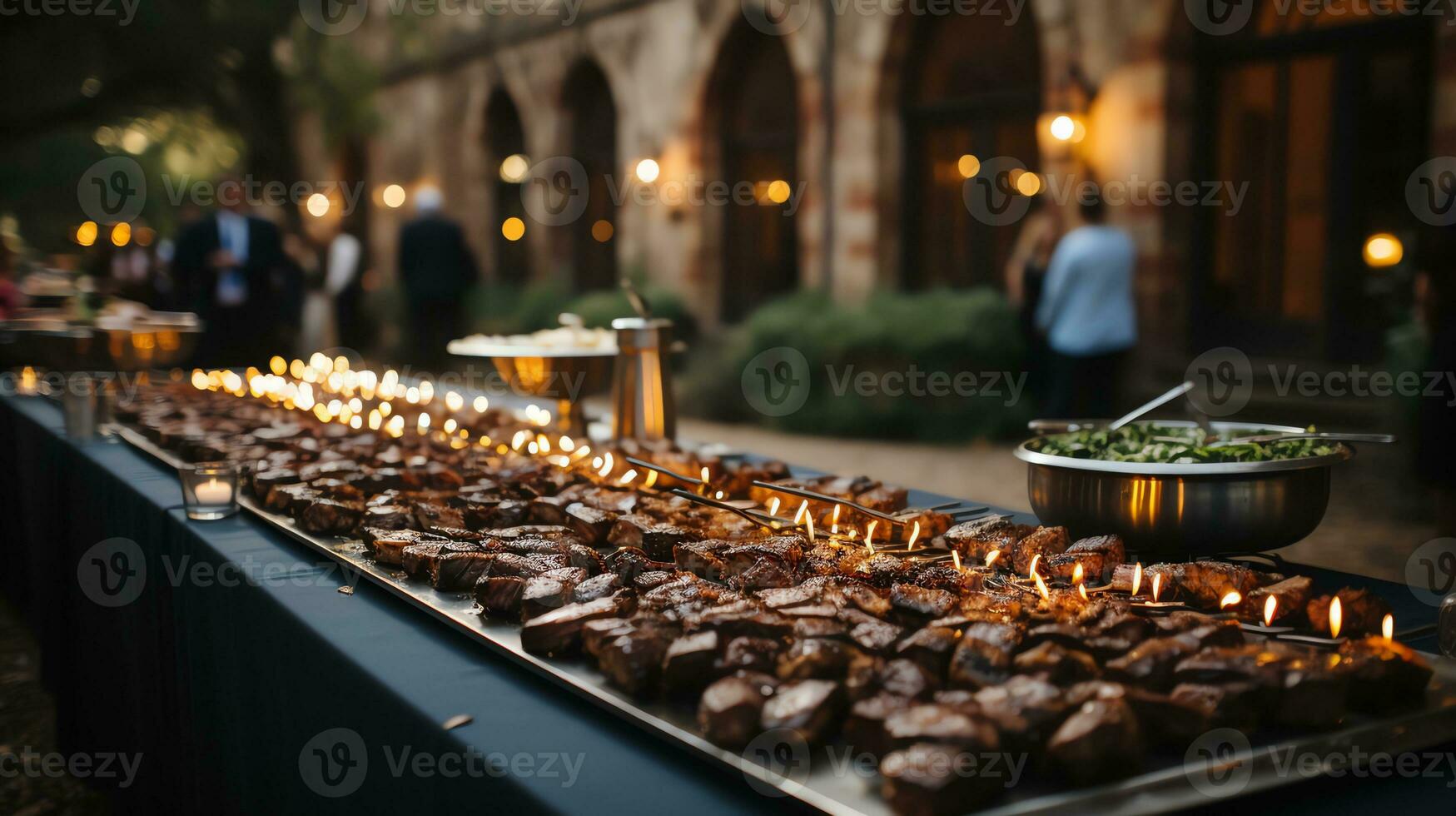 a buffet line with food in metal trays ai generated photo