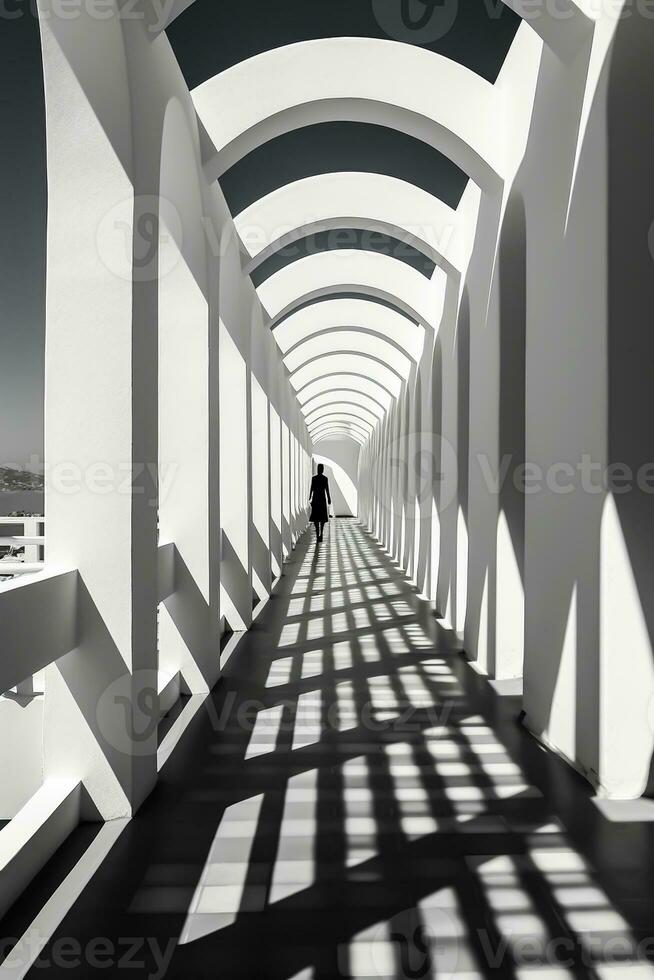 Light tunnel perspective and projected shadows, with human silhouette. ai generated photo