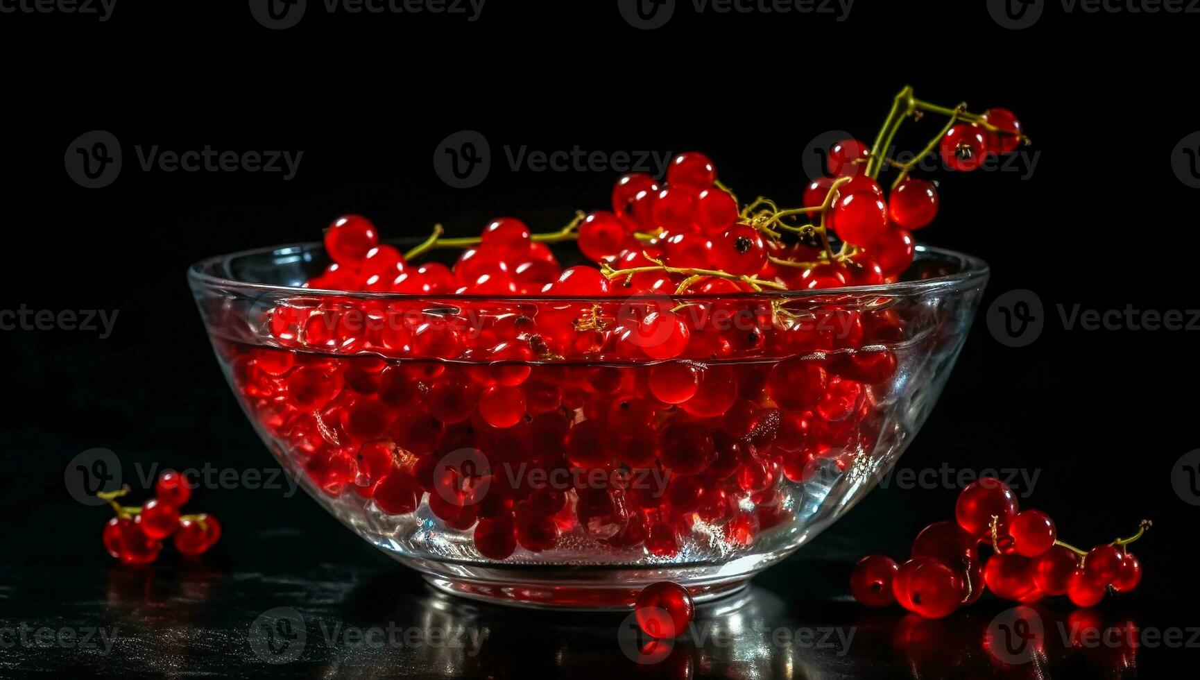 Glass bowl with vibrant red currants on dark background. AI generated photo