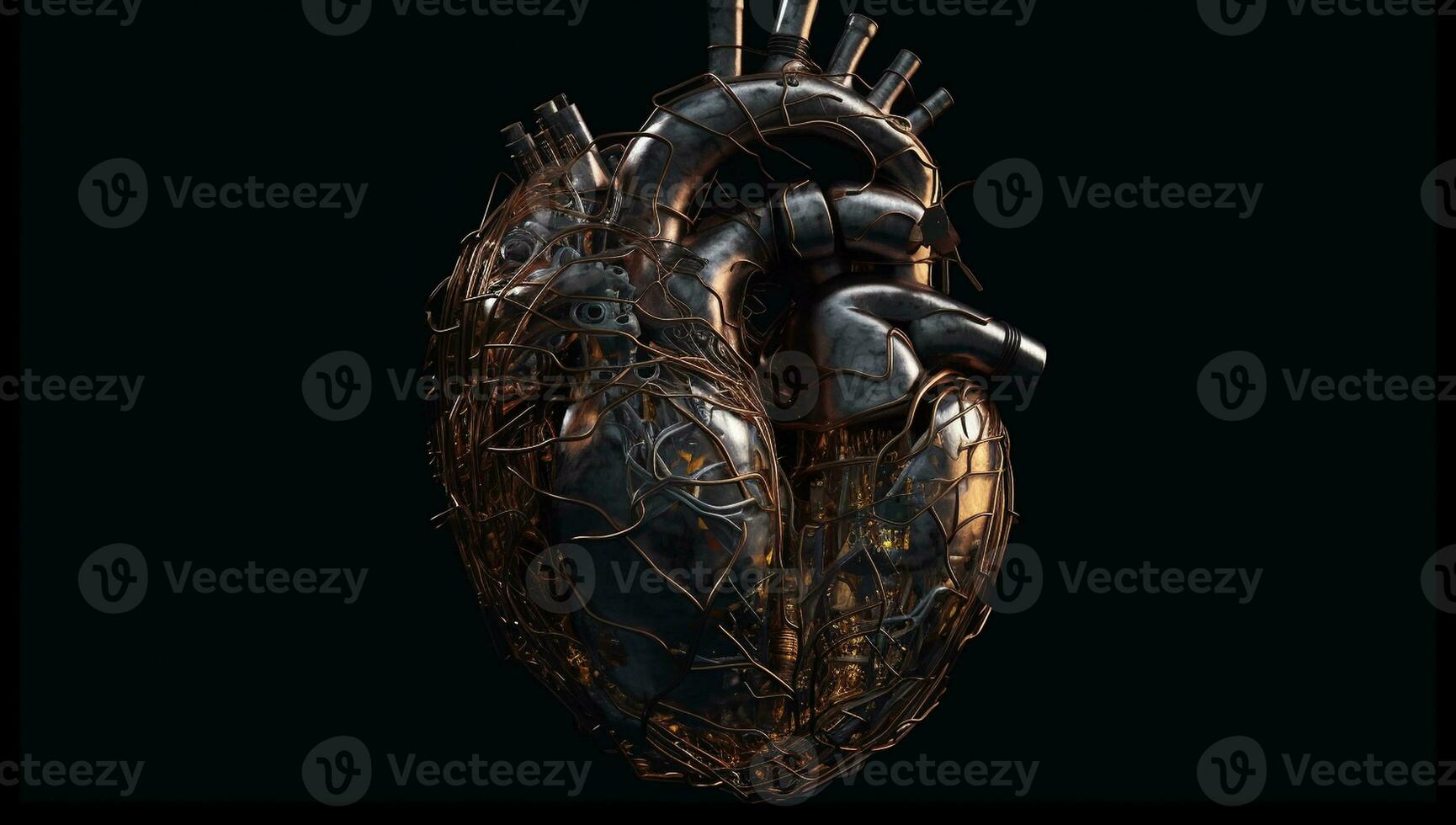 Anatomical human heart formed by pieces of metal. AI generated photo
