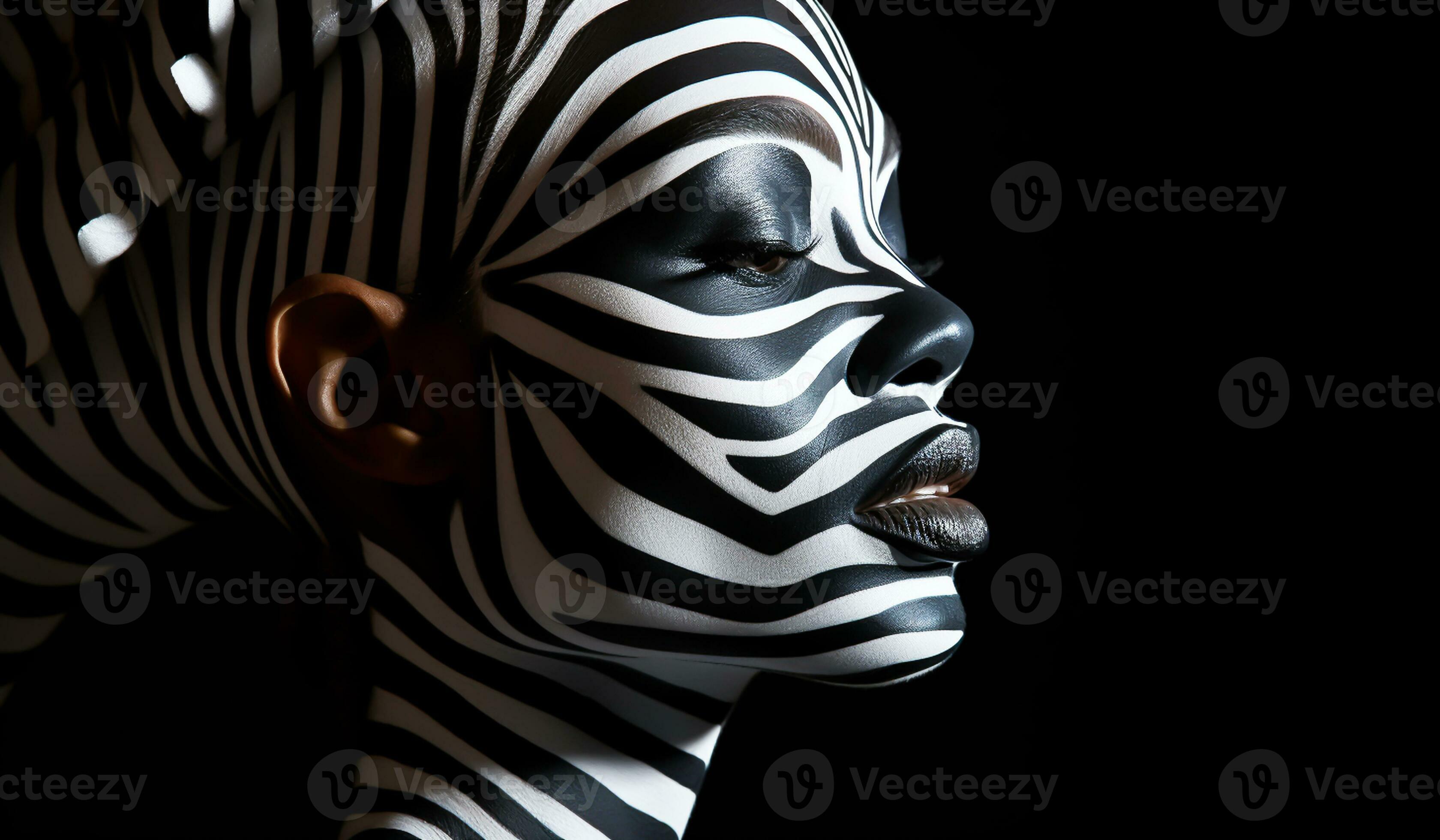 Fantasy face painting, zebra look, in white and black. AI generated