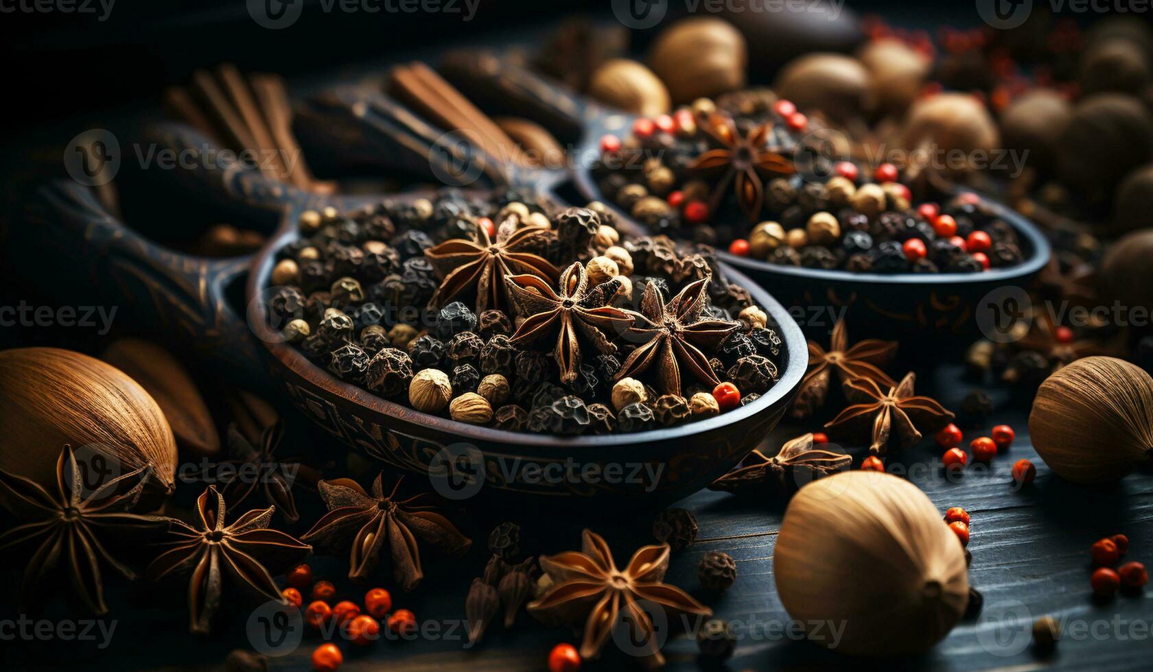 Star anise spice in still life. AI generated photo