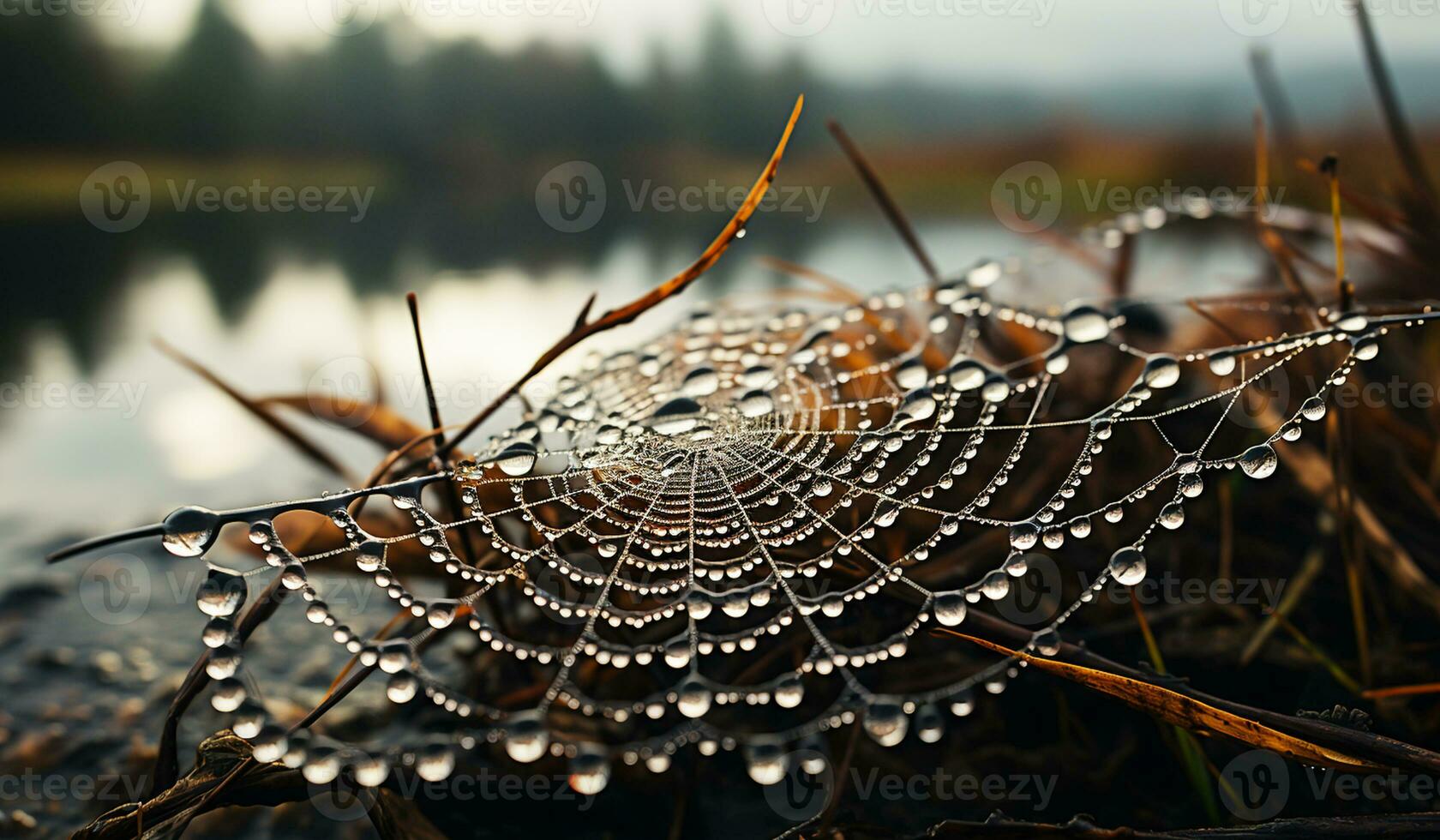 Spider web with dew drops. AI generated photo