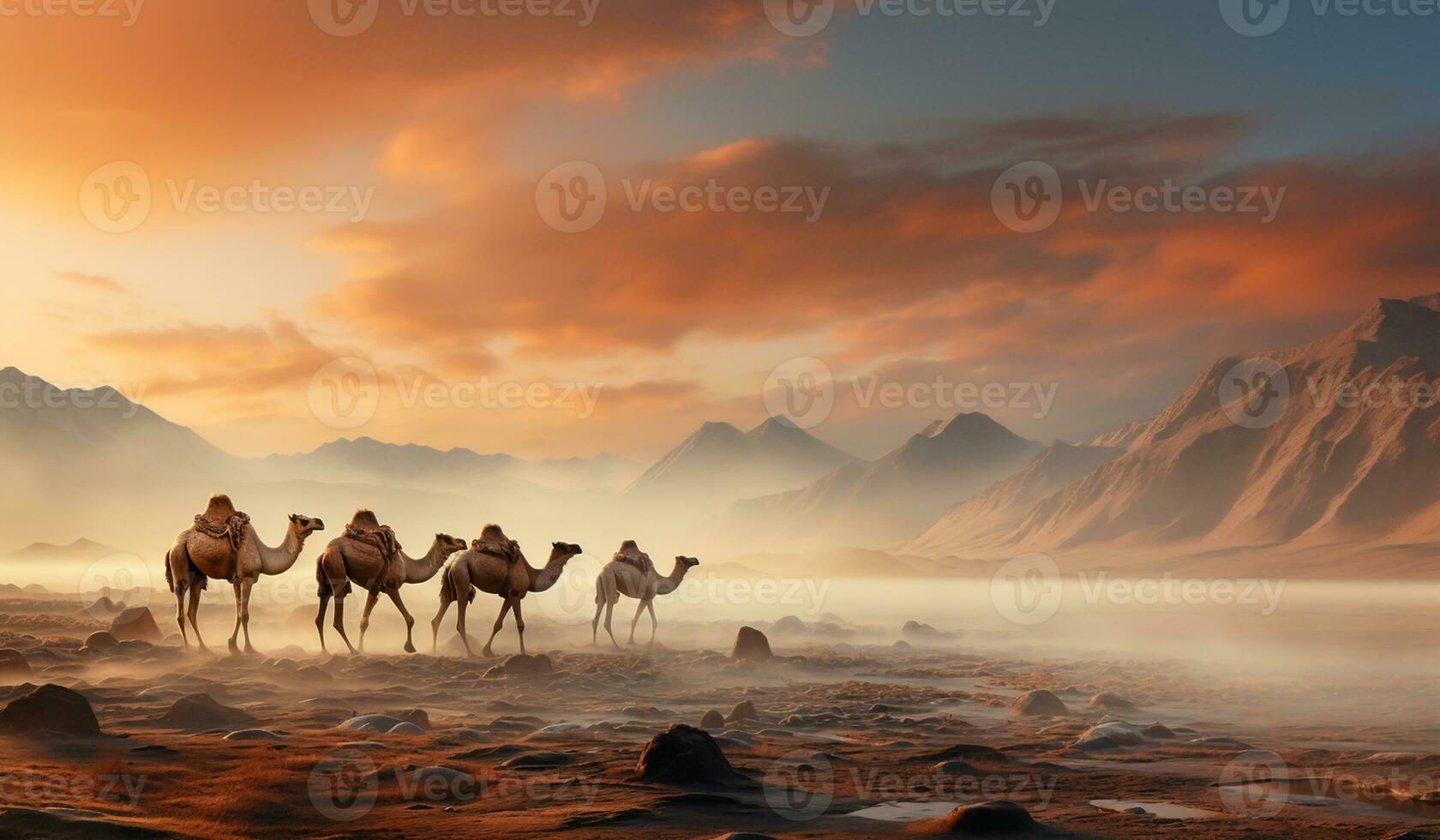 Camels in the desert at sunset. AI generated photo