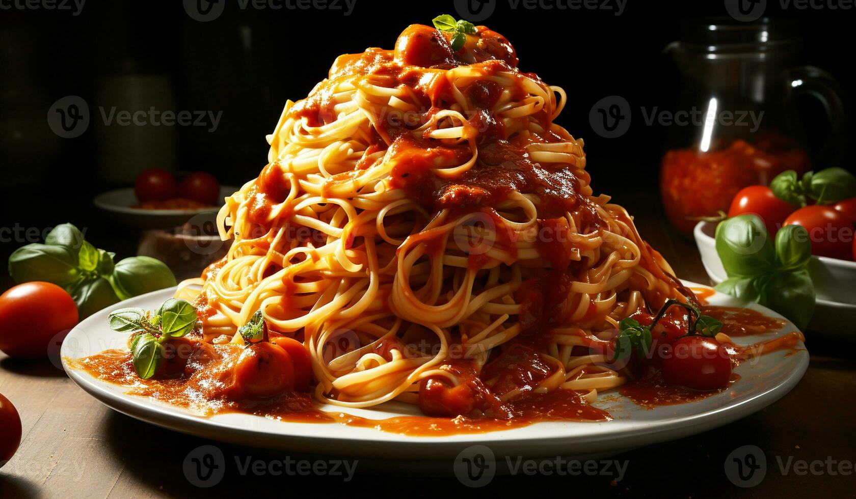 Spaghetti with tomato sauce and basil. AI generated photo