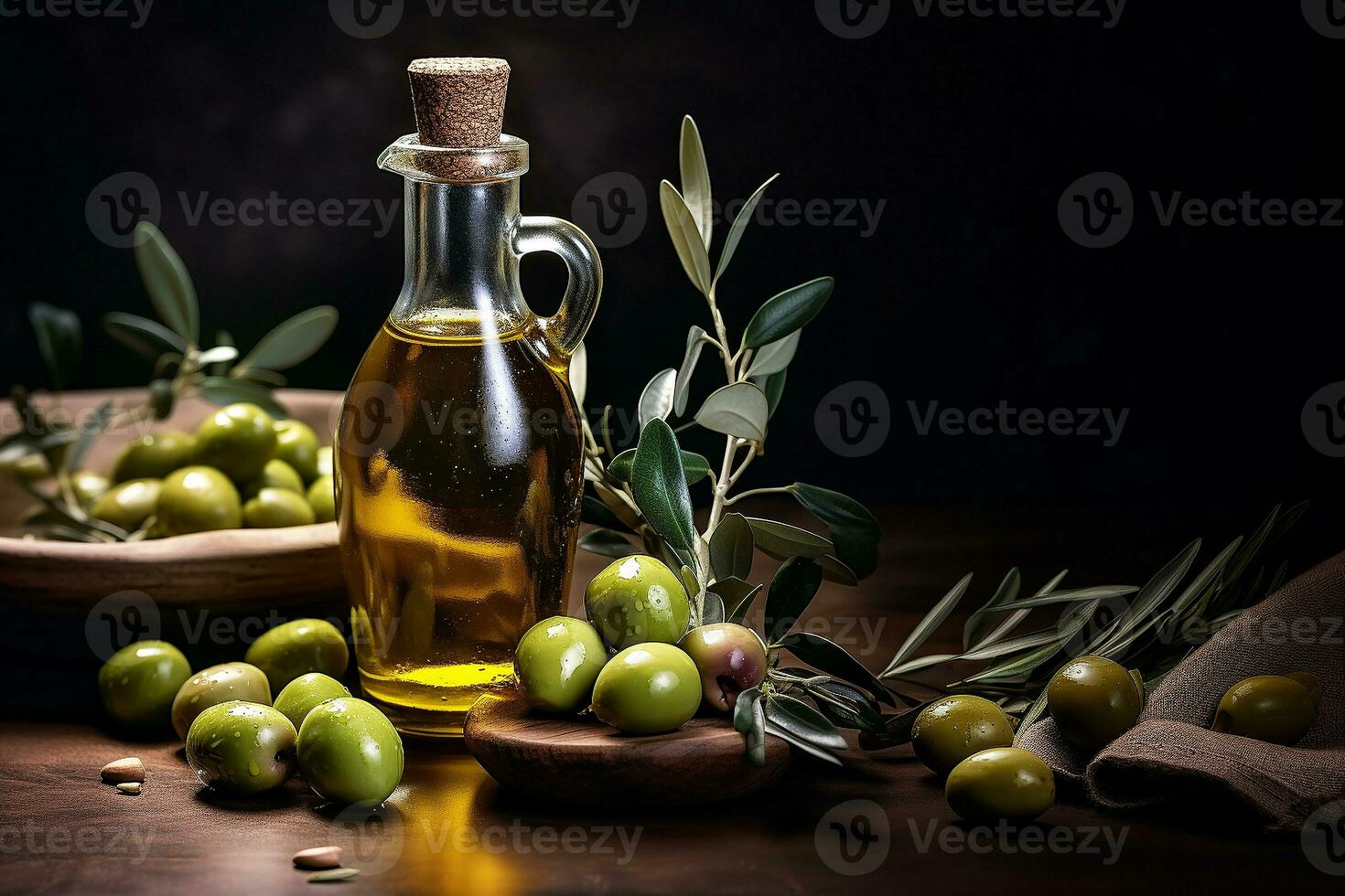 Still life of olives and olive oil bottles on wooden table. AI generated photo