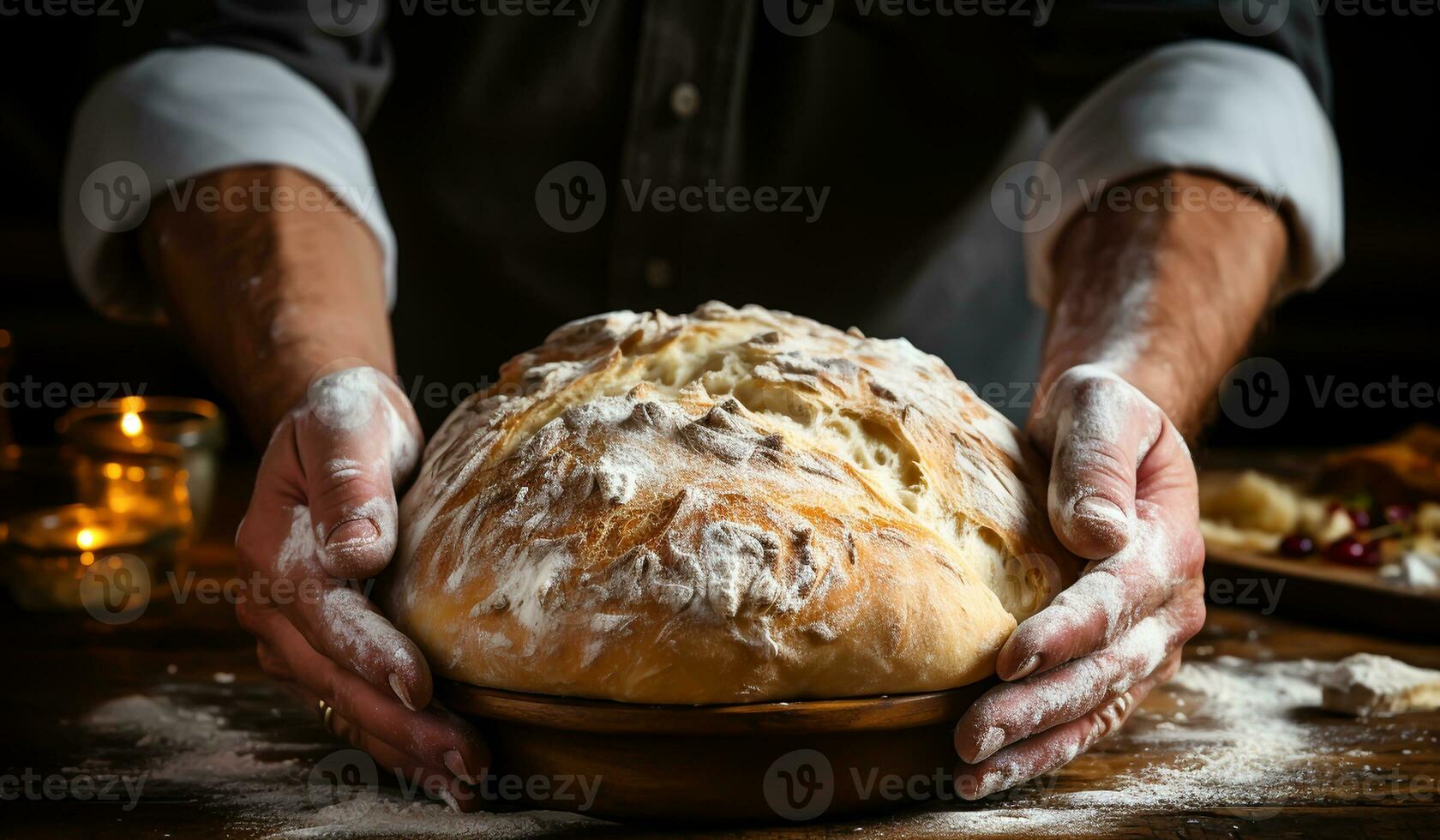 Baker shows freshly baked bread. AI generated photo