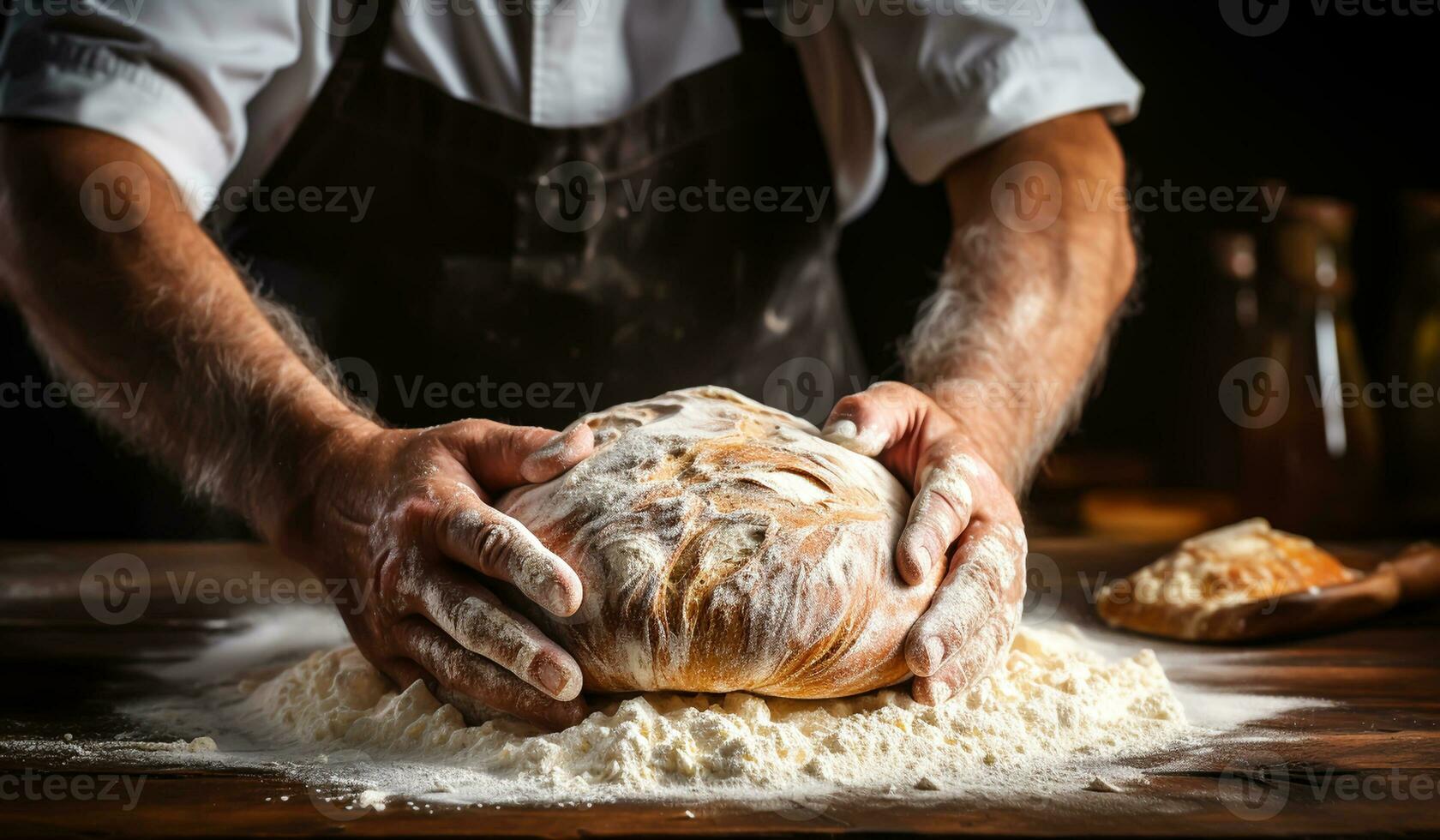 Baker shows freshly baked bread. AI generated photo