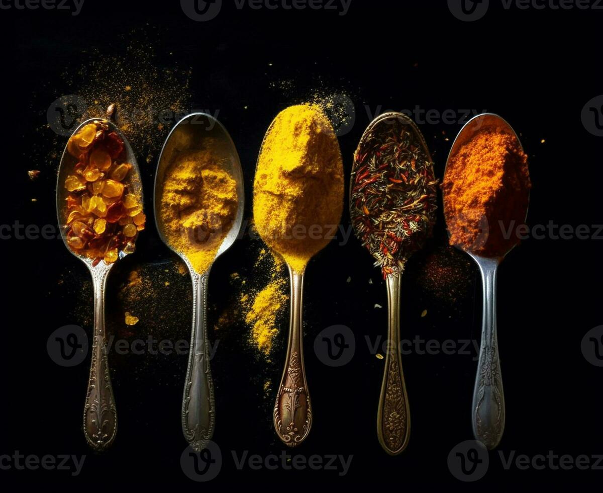 Food spices in vibrant colors in spoons on a wooden table. AI generated photo