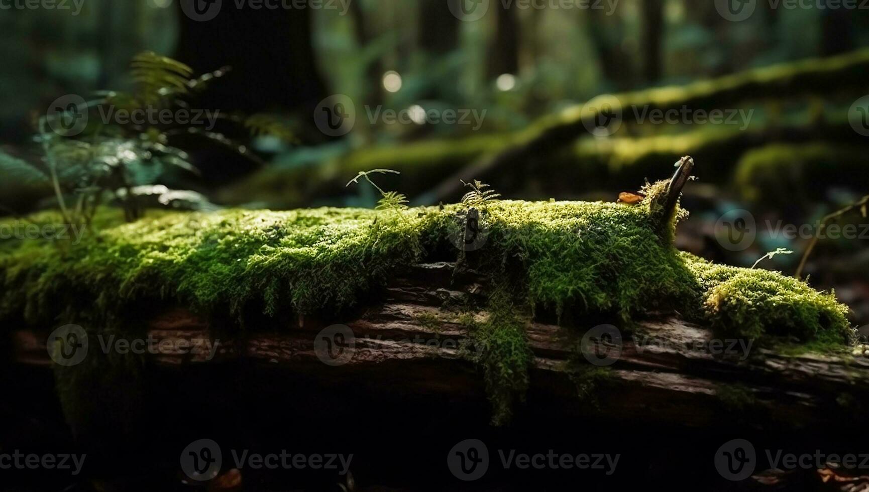 Tree branch covered with green moss in forest. AI generated photo