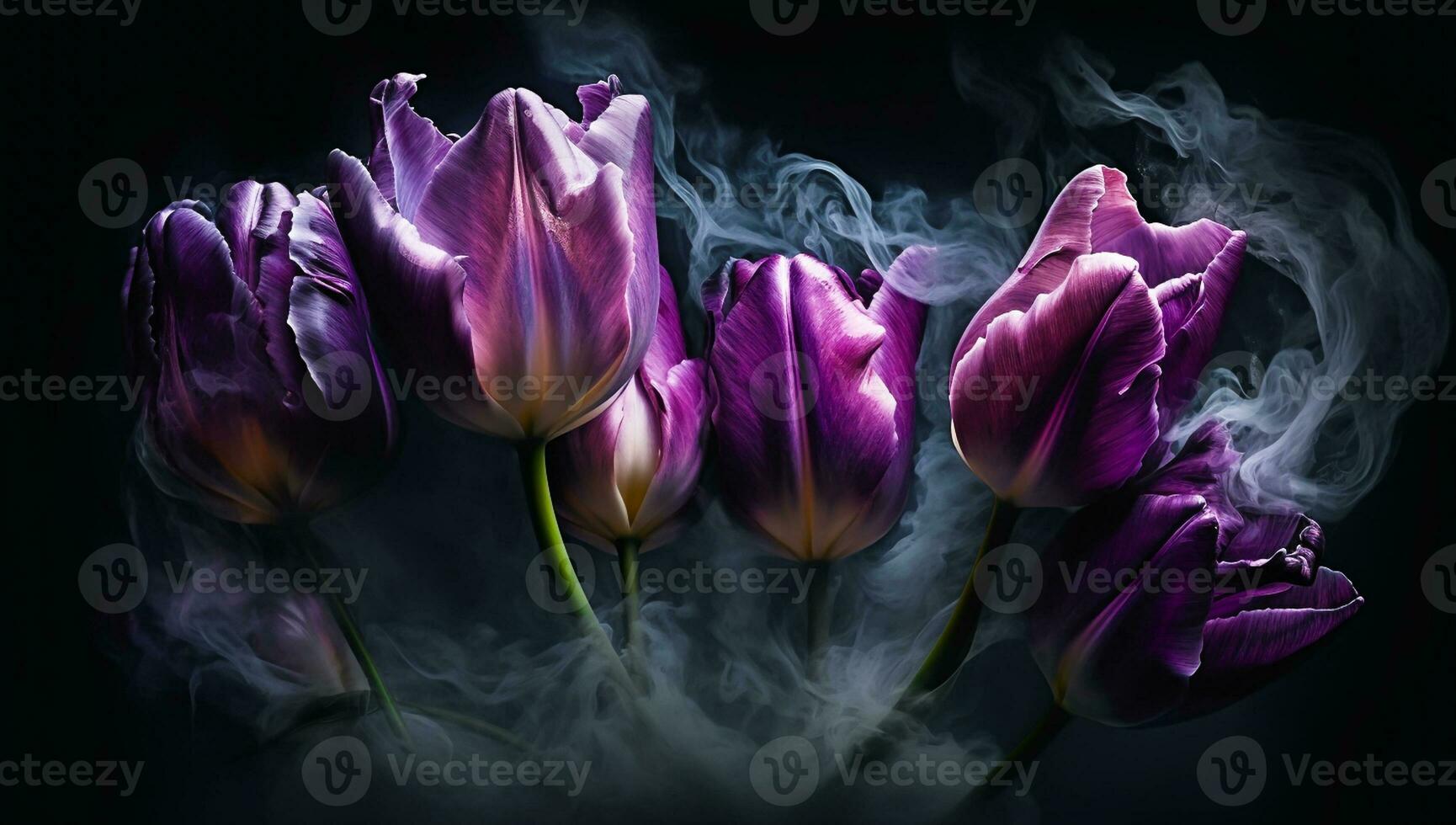 Branches of purple tulips on a dark background with delicate incense smoke - Generated AI photo