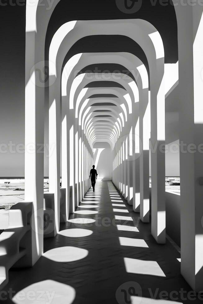 Light tunnel perspective and projected shadows, with human silhouette. ai generated photo