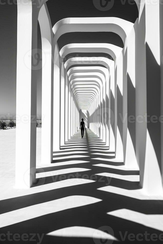 Light tunnel perspective and projected shadows, with human silhouette. ai generated photo