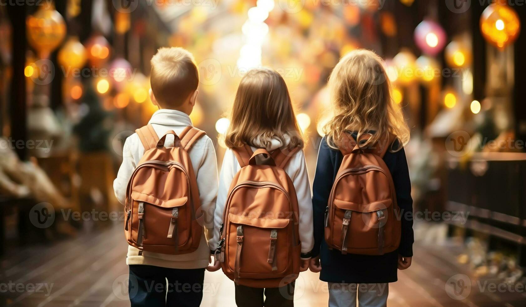 Kids with backpack, back to school concept. AI generated photo